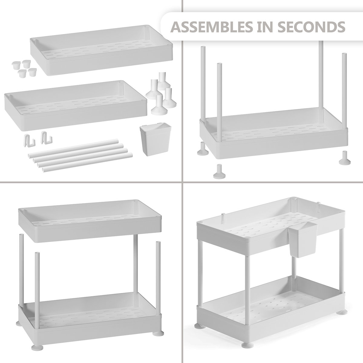StorageBud Non-Slip Grip Kitchen Under Sink Organizer - Bathroom Cabinet Organizer with Side Caddy (Set of 2)
